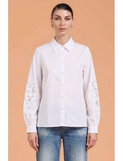 Donna camicia take two bianca maniche ampie con ricamo traforato