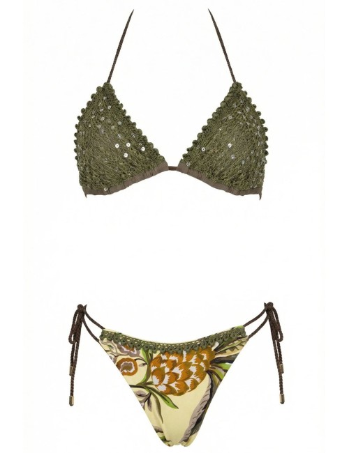 Donna bikini miss bikini triangolo rete paillettes verde e giallo
