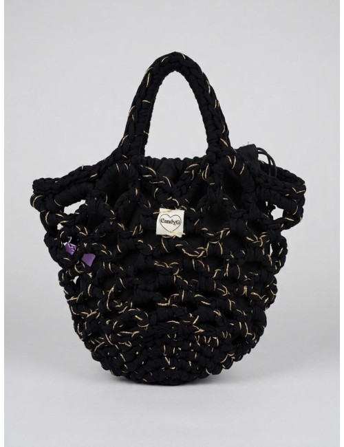 Donna borsa candyg uncinetto nera oro lycra fatto a mano secchiello