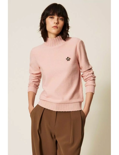Twinset maglia donna in punto piquet con collo a lupetto e spilla