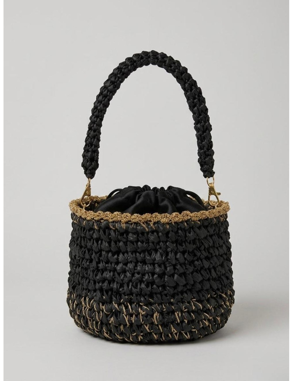 Donna borsa candyg shopper nera oro raffia fatto a mano secchielloCandygPassioni Boutique