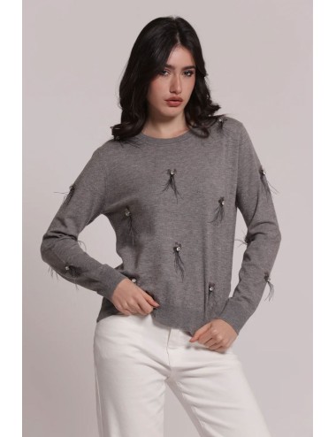 Mimi muà - maglia scollo tondo con piume afap-3828 grigioMimi-Mu1Passioni Boutique