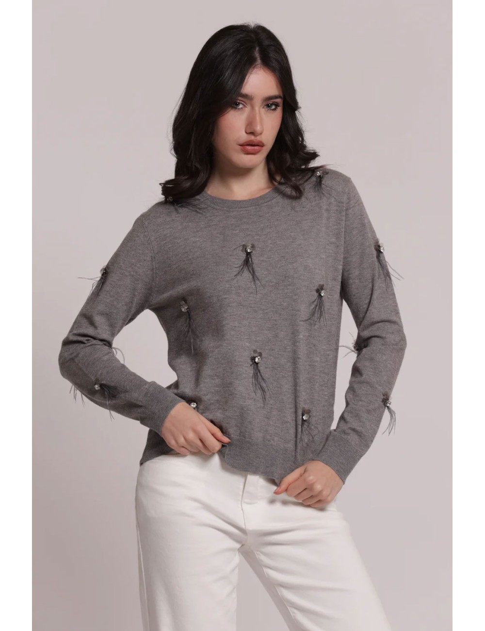 Mimi muà - maglia scollo tondo con piume afap-3828 grigioMimi-Mu1Passioni Boutique