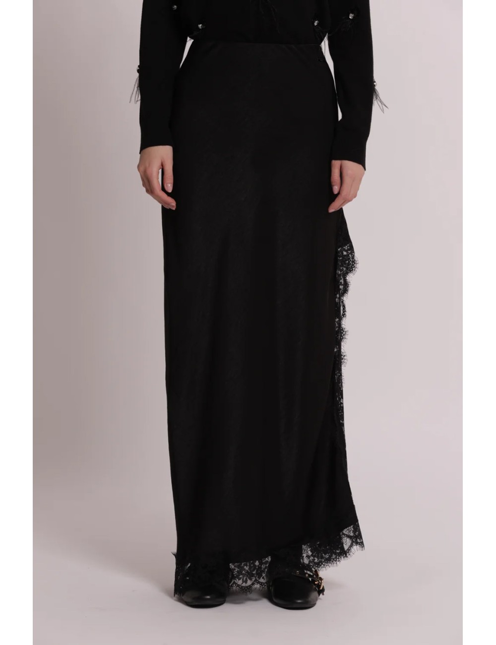 Mimi muà - gonna midi con spacco e raffinato bordo in pizzo mrap-5305 neroMimi-Mu1Passioni Boutique