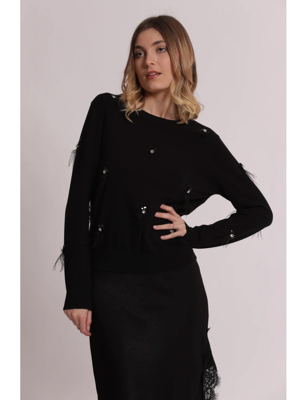 Mimi muà - maglia scollo tondo con piume afap-3828 neroMimi-Mu1Passioni Boutique