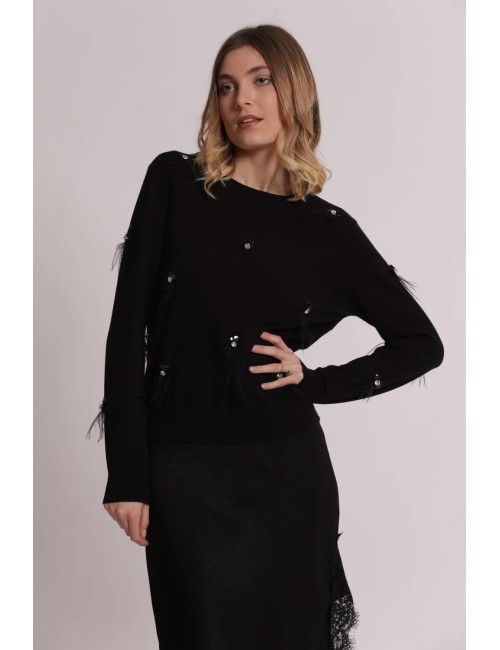Mimi muà - maglia scollo tondo con piume afap-3828 neroMimi-Mu1Passioni Boutique