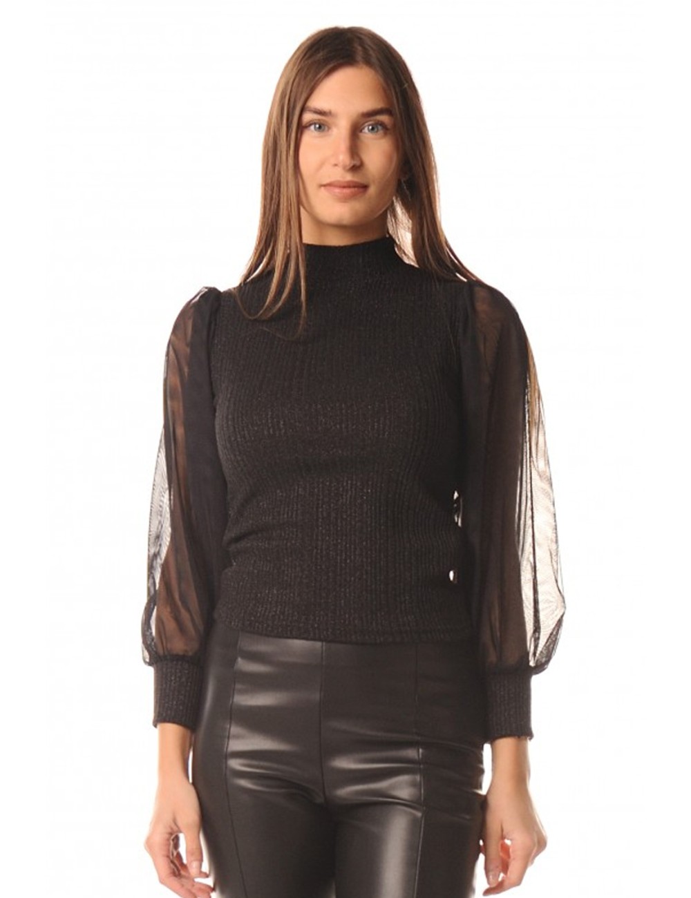 Lokita - blusa costine lurex con maniche in tulle 160 lok12774 nero Lokita - blusa costine lurex con maniche in tulle 160 lok12774 nero